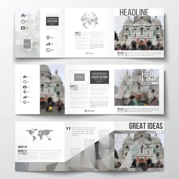 Vector illustration of Set of tri-fold brochures, square design templates. Polygonal background