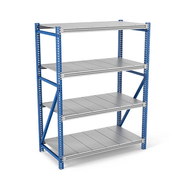 istock Rendering of metal rack with four shelves, isolated on a 615510382