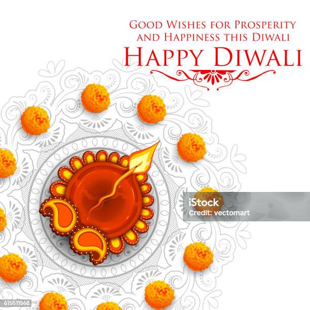 Burning Diya On Happy Diwali Holiday Background For Light Festival Stock Illustration - Download Image Now
