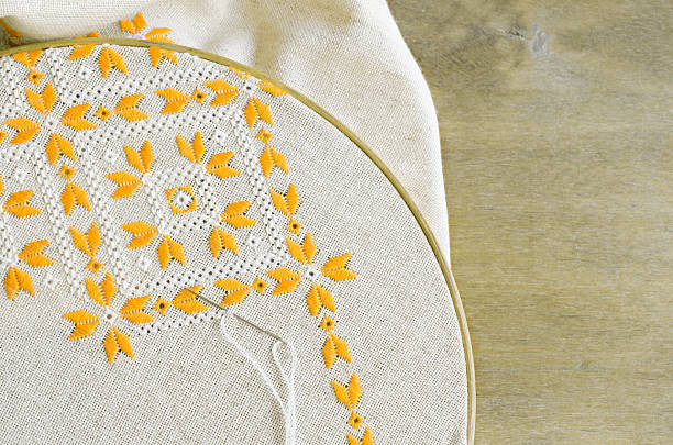 istock Wooden hoop with embroidered pattern by yellow and white threads. 615511696