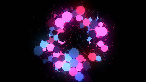 Blue and pink glass reflective glowing balls on black background 3d rendering