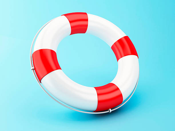 3d red life bouy on blue background. - life jacket isolated red safety imagens e fotografias de stock