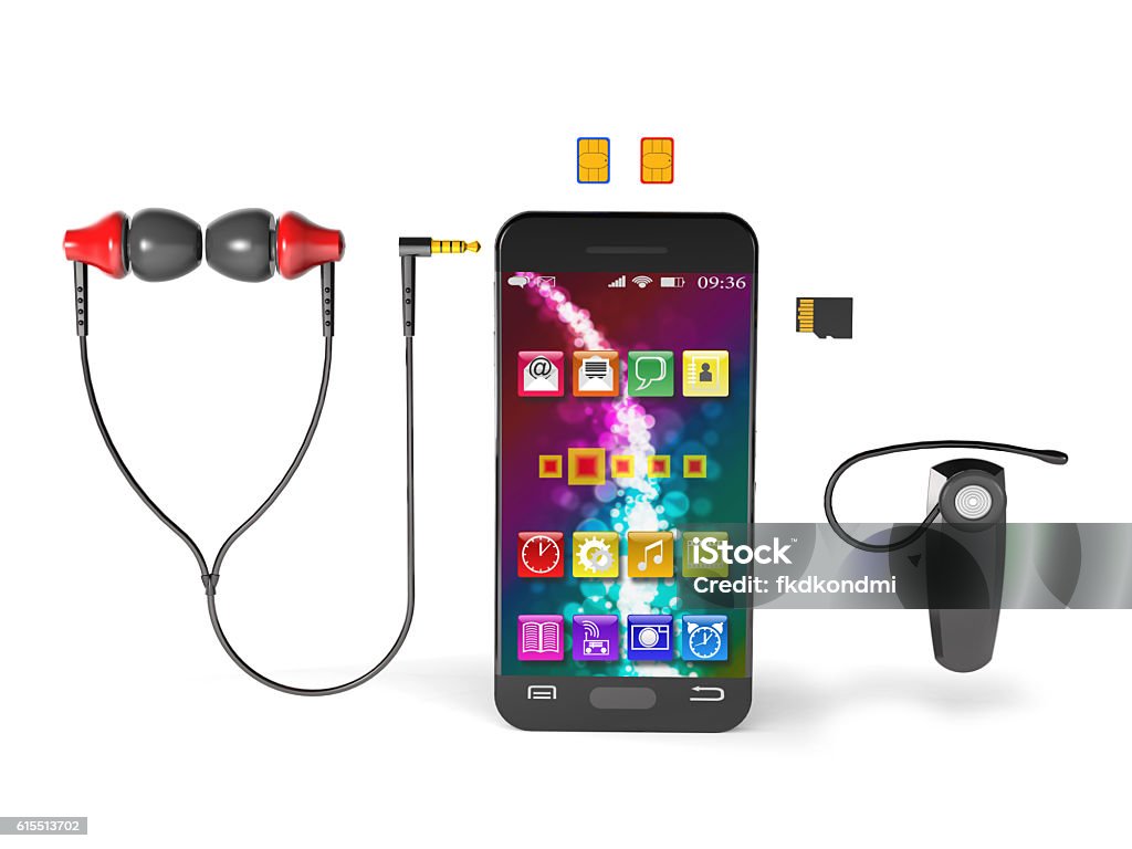 Accessories for smartphone (3d illustration). Accessories for smartphone on white background. Arts Culture and Entertainment Stock Photo