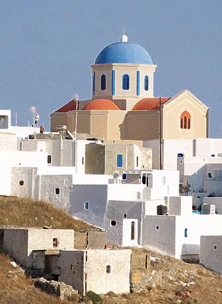 Artistic view of mainland Serifos with traditional white houses and dominat church, Greece.