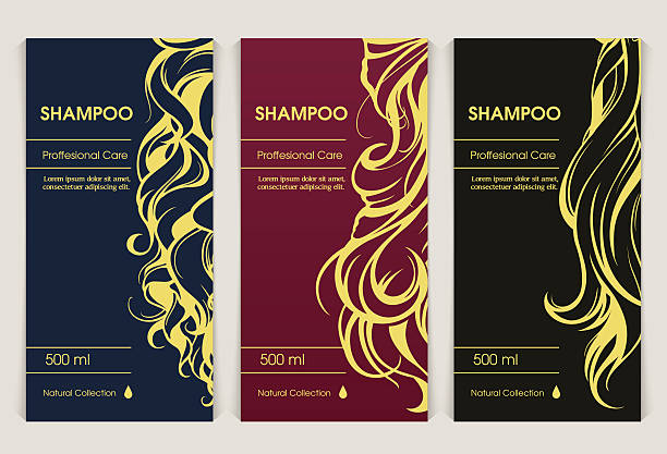 Vector set of templates packaging hair care cosmetics Vector set of templates packaging hair care cosmetics, label, banner, poster, identity, branding. Color background with golden curls tresses. Stylish design for shampoo, conditioner, mask, cosmetics hair posters for salon stock illustrations