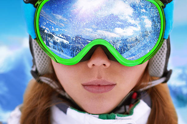 istock Mountain range reflected in the ski mask.Shallow depth of field. 615516020