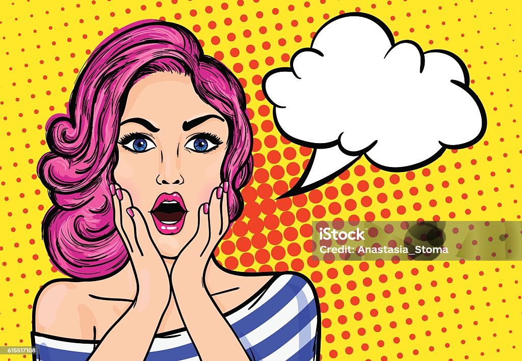 Pop art surprised woman Pop art surprised woman with open mouth on a yellow vintage background. Vector illustration with bubble for text Women stock vector