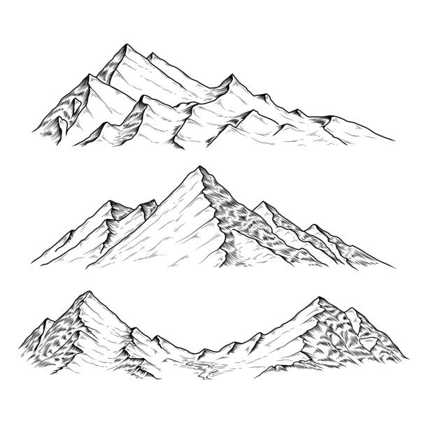 illustrations, cliparts, dessins animés et icônes de illustration vectorielle dessinée à la main dans les montagnes - monogravure