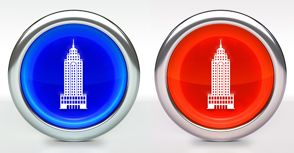 Skyscraper Icon on Button with Metallic Rim. The icon comes in two versions blue and red and has a shiny metallic rim. The buttons have a slight shadow and are on a white background. The modern look of the buttons is very clean and will work perfectly for websites and mobile aps.
