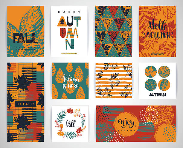 Set of artistic creative autumn cards. Set of artistic creative autumn cards. Hand Drawn textures and brush lettering. Design for poster, card, invitation, placard, brochure, flyer. Vector templates autumn designs stock illustrations