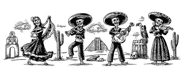 ilustrações, clipart, desenhos animados e ícones de dia dos mortos. a dança do esqueleto, a música e a música - day of the dead skull tattoo mexico