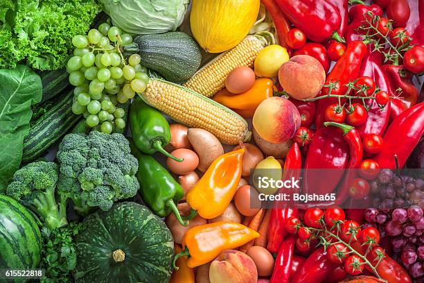 Fruits And Vegetables Overhead Assortment On Colorful Background Stock Photo - Download Image Now