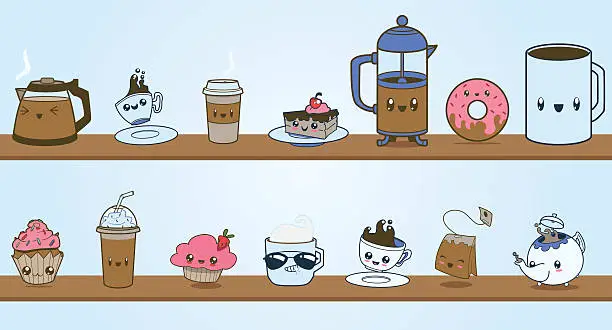 Vector illustration of Cute Coffee Shop Vector Clipart Character Set