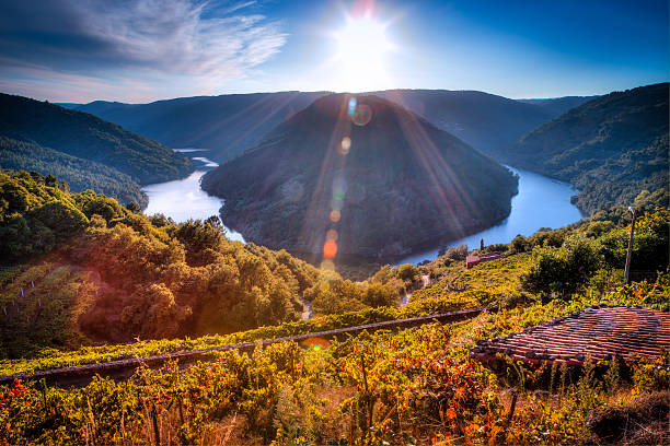 Cape the World, Minho River Cabo de Mundo, river Miño bend, sunset background, Ribeira Sacra, Galicia, Spain. galicia stock pictures, royalty-free photos & images