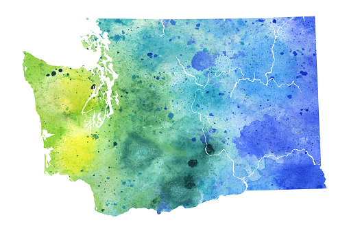 A highly detailed map of the US state of Washington State with a multicoloured, blue and green hand painted watercolor texture. Map is isolated on a white background. Raster illustration.