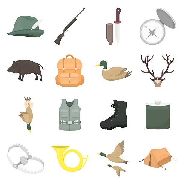 Vector illustration of Hunting set icons in cartoon style. Big collection of hunting