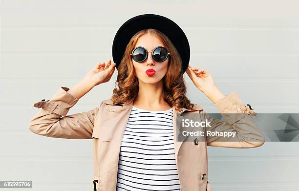 Fashion Portrait Pretty Sweet Woman Blowing Red Lips Black Hat Stock Photo - Download Image Now
