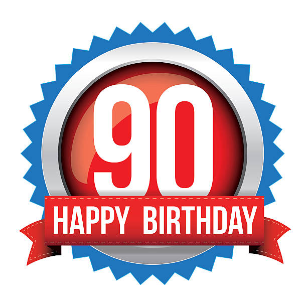 istock Ninety years happy birthday badge ribbon 615596044