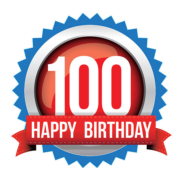 istock Hundred years happy birthday badge ribbon 615596082