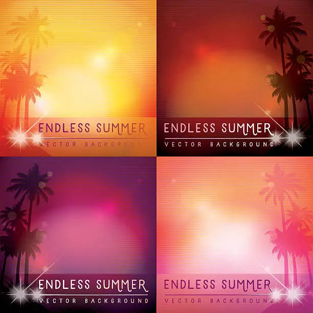 Vector illustration of Blurred Sunshine Set of four square backgrounds with Palm trees