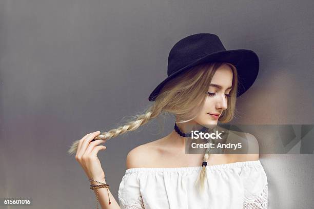Beautiful Young Woman With Two Pigtails Stock Photo - Download Image Now - Artist's Model, Fashion Model, Model - Object
