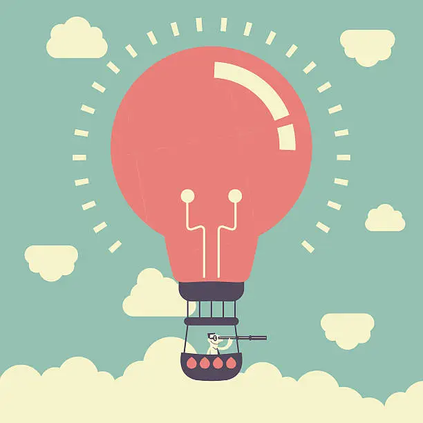 Vector illustration of Businessman with telescope, in idea light bulb hot air balloon