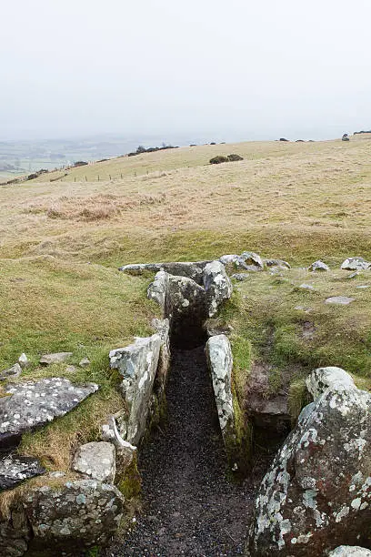 Ancient boulders, covered in lichen, in front of the historic Loughcrew passage tomb site in County Meath, Ireland.