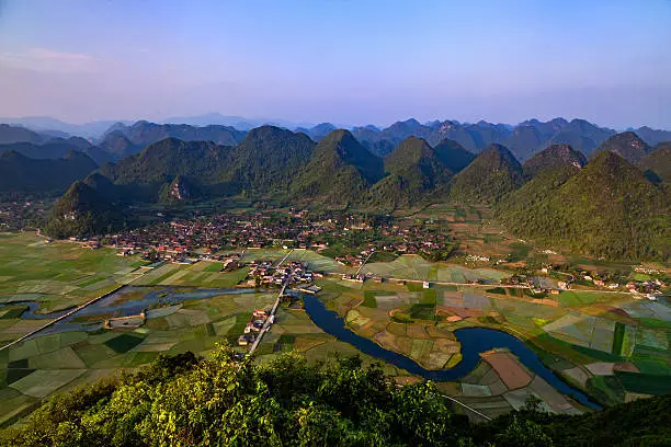 Paddy fields and villages in a valley in BacSon, typical villages of northern Vietnam