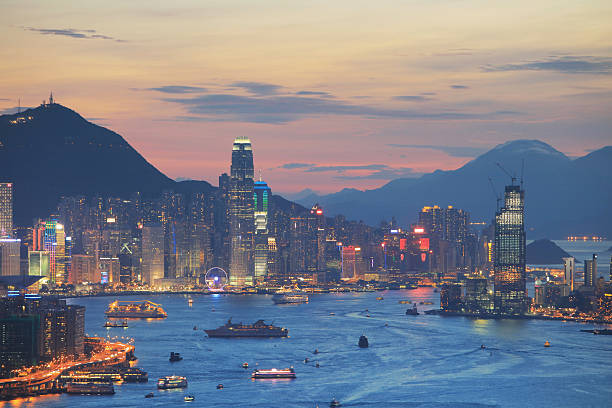 istock Beautiful colorful Sunrise over Victoria Harbor 615605564