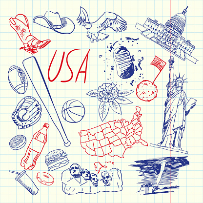 United States of America national symbol. American cultural, culinary, sportive, historical, architectural, animal, scientific related doodle drawn on squared paper vector set. Sketched with pen icons