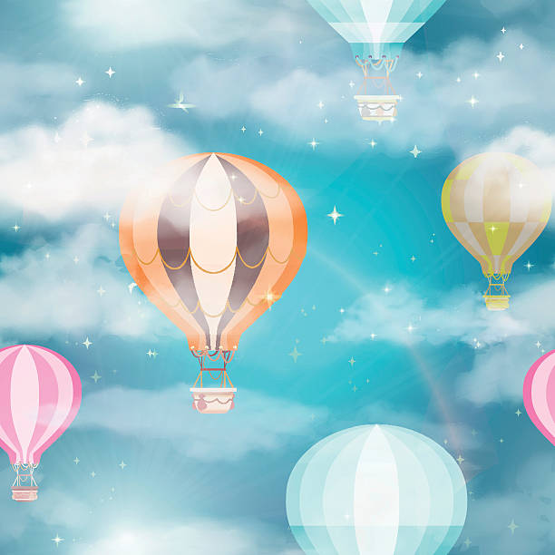 illustrazioni stock, clip art, cartoni animati e icone di tendenza di mongolfiere nel cielo blu. - balloon moving up child flying