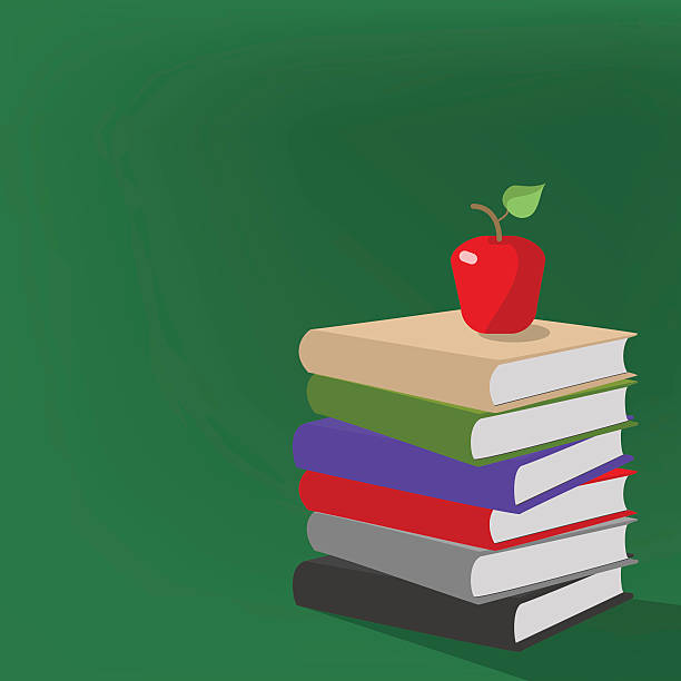 illustrazioni stock, clip art, cartoni animati e icone di tendenza di pila di libri con una mela sullo sfondo vector - apple stack white backgrounds