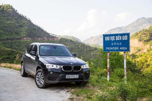 Laocai, Vietnam - May 28, 2016: BMW X3 car on the test road in test drive, mountain area Vietnam.