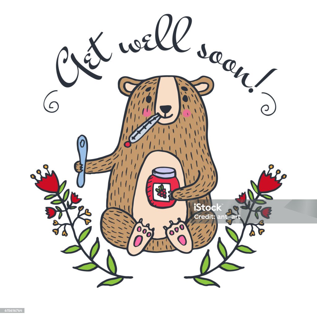 Get Well Soon Card With Teddy Bear And Jam Stock Illustration