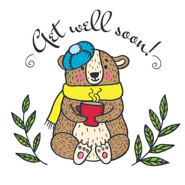 Vector illustration of Get well soon card with teddy bea
