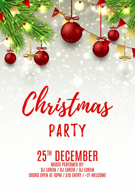 рождественская вечеринка листовка шаблон с красными и стеклянными шарами - silver stock illustrations