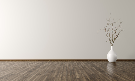 Empty room interior background, white vase with branch on the wooden floor 3d rendering