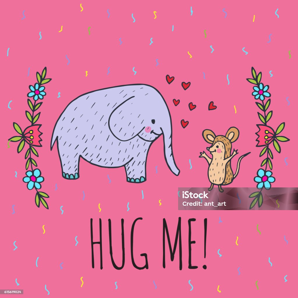 Hug Me Graph Hug Me Card With Elephant And Hedgehog Stock Illustration - Download ...
