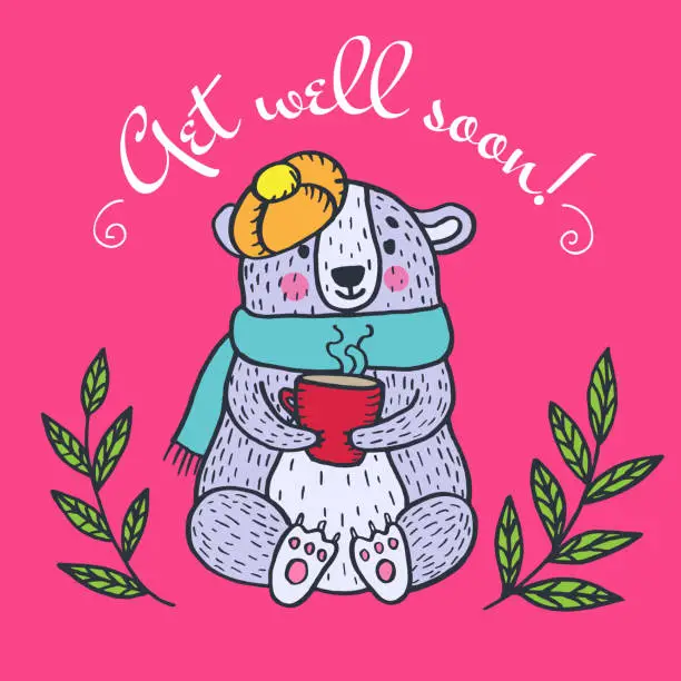 Vector illustration of Get well soon card with teddy bear