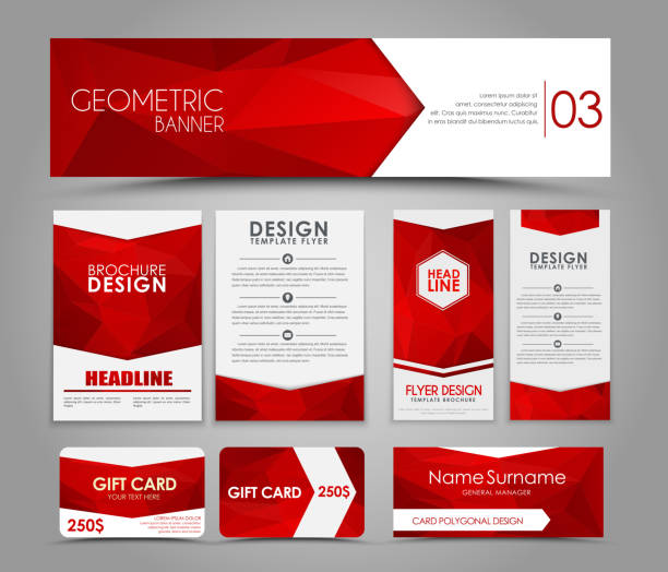 Set of red corporate style polygonal Design of flyers, banners, brochures and cards with red polygonal elements. Corporate Identity, Advertising printing. Vector illustration. Set red banner stock illustrations