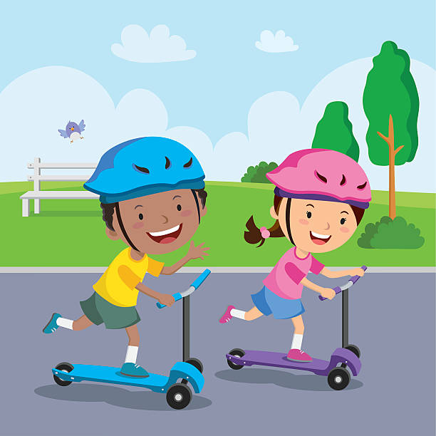 Van igen Væk Kids Learn To Ride Scooter Stock Illustration - Download Image Now - Child,  Motor Scooter, Work Helmet - iStock