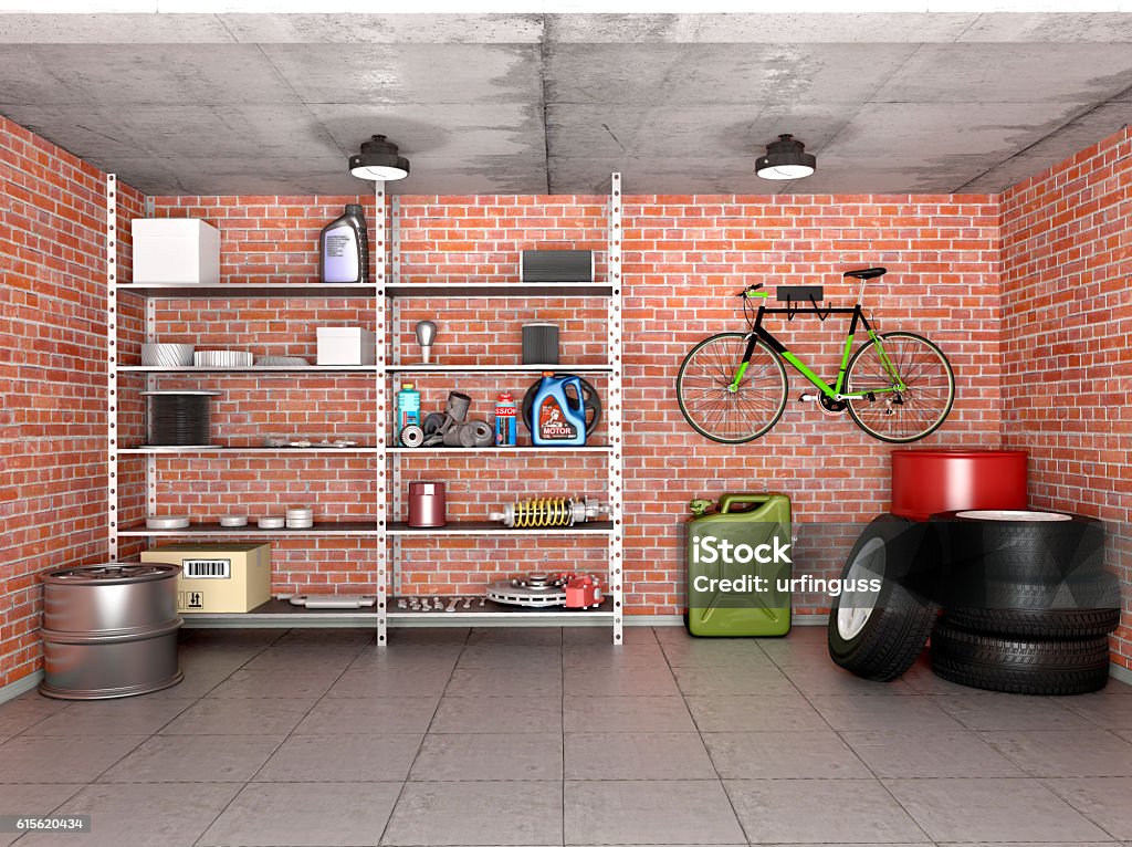 Interior garage with tools, equipment and wheels. 3d illustration. Garage Stock Photo