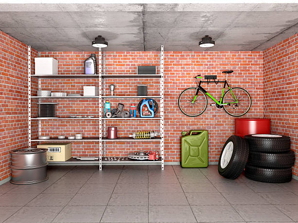 Interior garage with tools, equipment and wheels. 3d illustration. stock photo