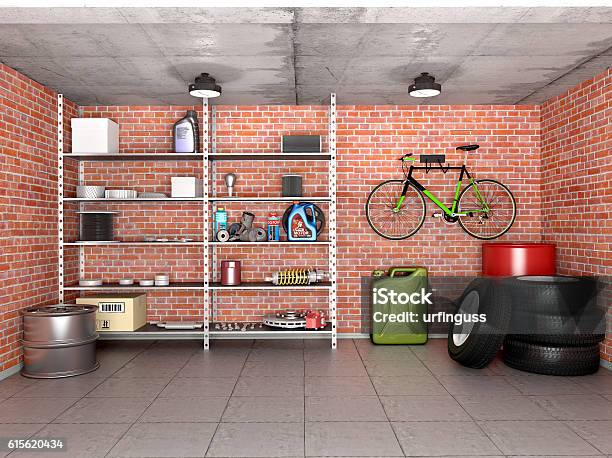 Interior Garage With Tools Equipment And Wheels 3d Illustration Stock Photo - Download Image Now