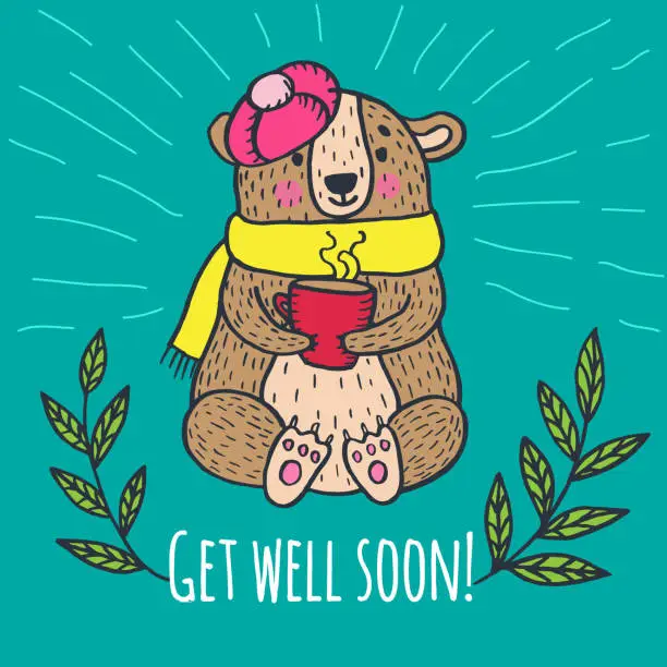 Vector illustration of Get well soon card with teddy bear