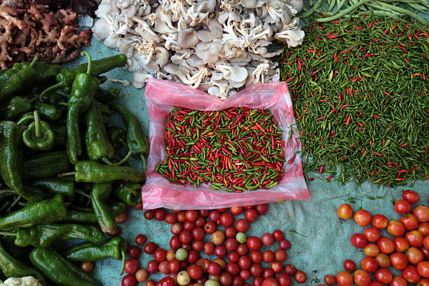 the morning market in the old town of Luang Prabang in the north of Lao in Souteastasia.