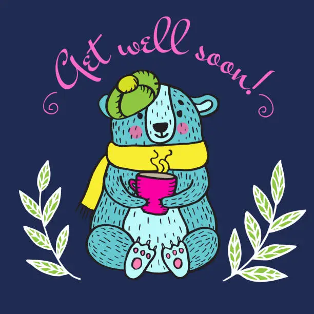 Vector illustration of Get well soon card with teddy bear