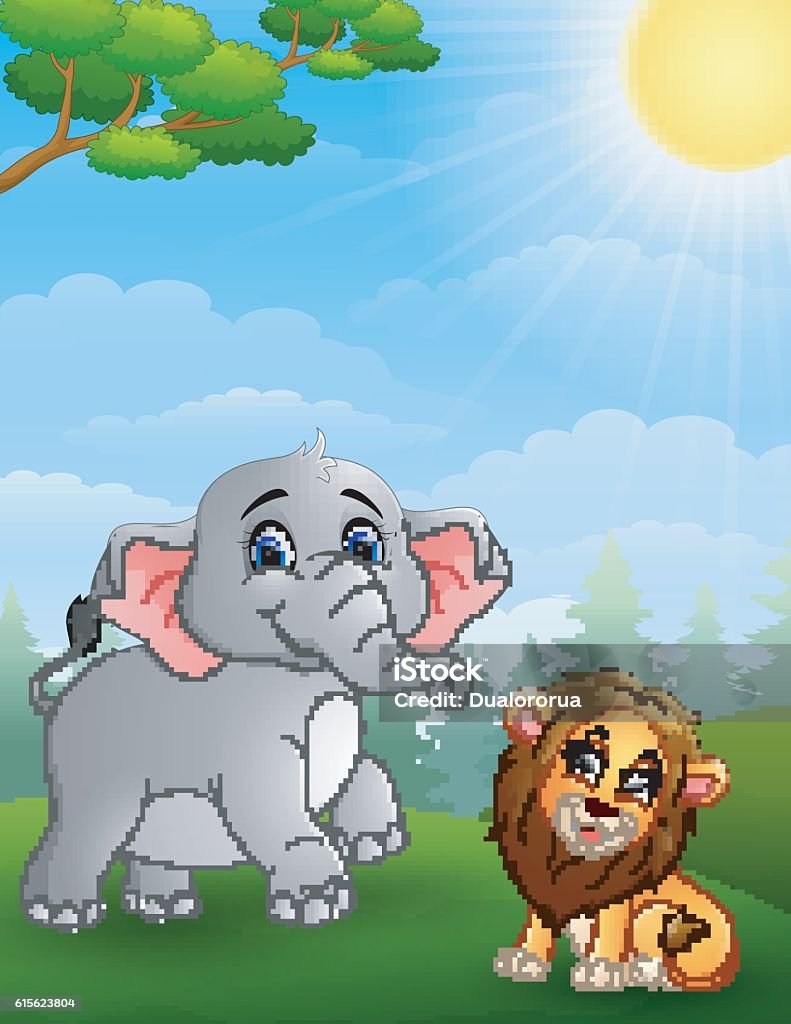 Elephant And Lion Cartoon In The Jungle Stock Illustration - Download Image  Now - Africa, Animal, Animals In The Wild - iStock
