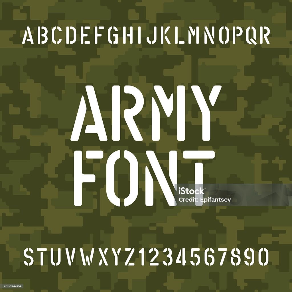 Army alphabet font. Stencil type letters and numbers. Army alphabet font. Stencil type letters and numbers on camo background. Vector typeface for your design. Stencil stock vector