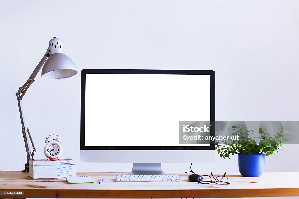 office workplace, computer with white blank empty screen, interior beautiful workplace, computer with white blank empty screen, home office interior Desk Stock Photo